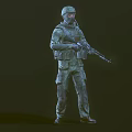 Military Soldier In Tactical Uniform With Helmet Face Mask And Rifle Standing Pose
