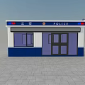 Police Booth with Red and Blue Lights Blue White Exterior Glass Door and POLICE Sign