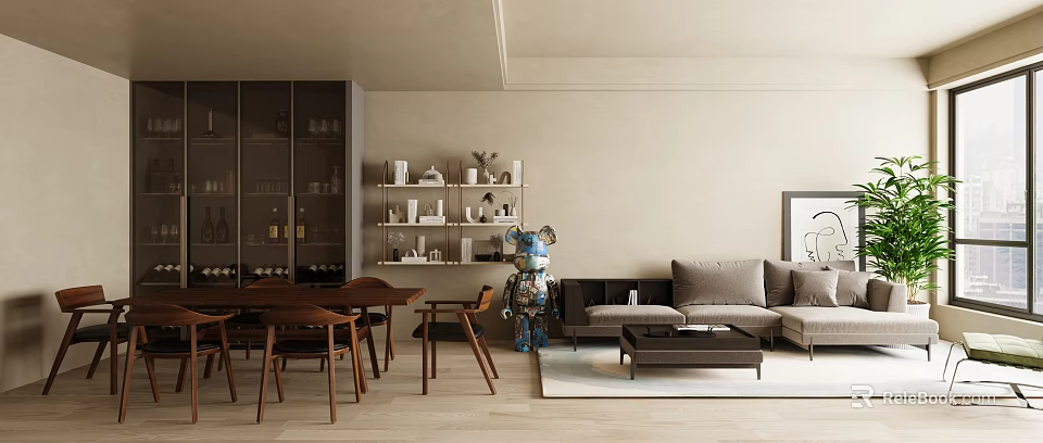 Modern Living Dining Room Interior Design With Gray Sofa Wooden Table Chairs Shelves And Sculpture 3d model 
