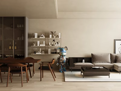 Modern Living Dining Room Interior Design With Gray Sofa Wooden Table Chairs Shelves And Sculpture 3d model