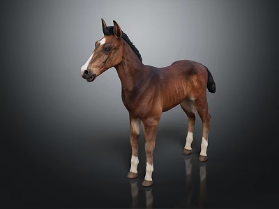 Brown Horse with White Face and Legs Standing on Dark Background Showing Clear Reflection 3d model
