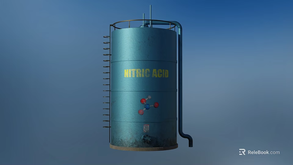 Blue Nitric Acid Storage Tank With Molecular Structure And Metal Ladder 3d model 