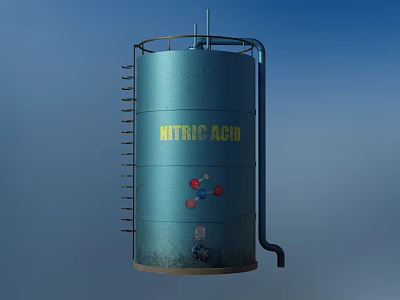 Blue Nitric Acid Storage Tank With Molecular Structure And Metal Ladder 3d model