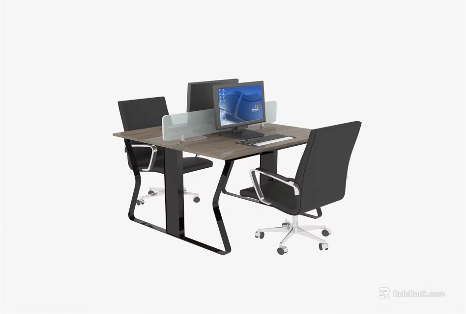 Office Desk with Wooden Top Black Legs Computer Monitor Transparent Partition and Black Office Chairs 3d model 