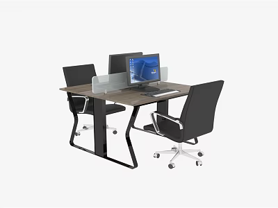 Office Desk with Wooden Top Black Legs Computer Monitor Transparent Partition and Black Office Chairs 3d model