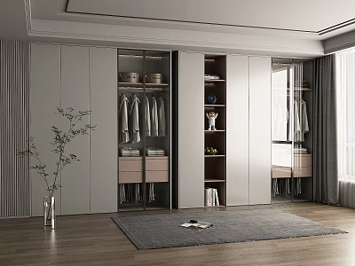 Modern Wardrobe Interior Design With Sliding Doors Hanging Rods And Storage Shelves 3d model