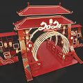 2024 Chinese Style Decorative Arch with Red Lanterns and Wave Decorations 3d model