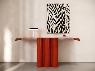 Stylish Red Console Table With Black Table Lamp White Vase And Zebra Pattern Artwork 3d model