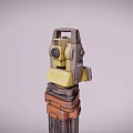 Two Surveying Instruments With Yellow Body Brown Straps And Metal Tripod Stands