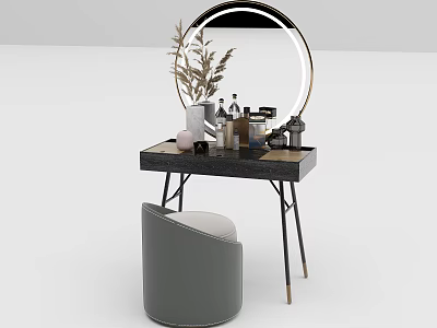 Elegant Modern Dressing Table Round Gold Frame Mirror Gray Stool Black Top With Cosmetics Vase 3d model