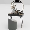 Elegant Modern Dressing Table Round Gold Frame Mirror Gray Stool Black Top With Cosmetics Vase