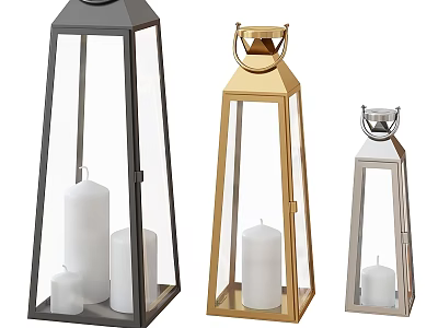 Modern Metal Frame Glass Wall Decor With Black Gold Silver Lanterns And Candles 3d model
