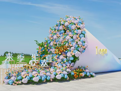 Spring Romantic Floral Installation Arched Blue Pink Yellow Flowers Outdoor Setting With Logo 3d model