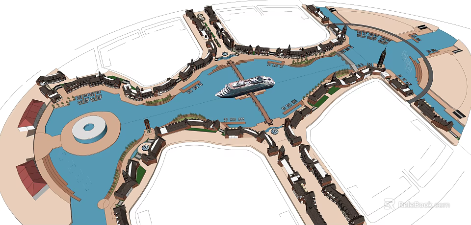Scenic Commercial Street Design Featuring River Bridge Waterfront Buildings And Tourist Boat 3d model 