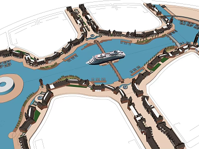 Scenic Commercial Street Design Featuring River Bridge Waterfront Buildings And Tourist Boat 3d model