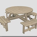 Wooden Round Picnic Table with Attached Benches Natural Wood Outdoor Furniture