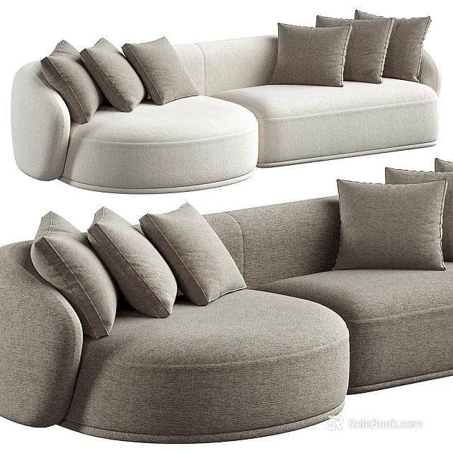 Modern Curved Sofa Design With Light Gray Upholstery And Multiple Pillows 3d model