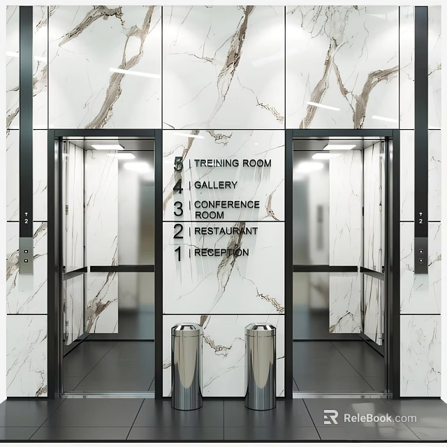 Modern Elevator Lobby With Marble Walls And Floor Directory Sign 3d model 