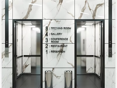 Modern Elevator Lobby With Marble Walls And Floor Directory Sign 3d model