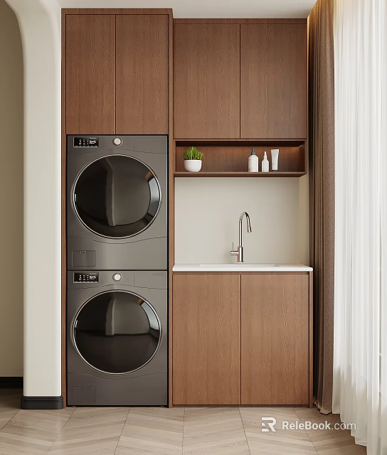 Modern Wooden Balcony Cabinet Design Featuring Washing Machines Sink Faucet And Potted Plant On Shelf 3d model 