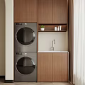 Modern Wooden Balcony Cabinet Design Featuring Washing Machines Sink Faucet And Potted Plant On Shelf