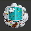 Festive Gingerbread House Featuring Blue Roof Colorful Candy Decorations White Snow And Small Christmas Trees