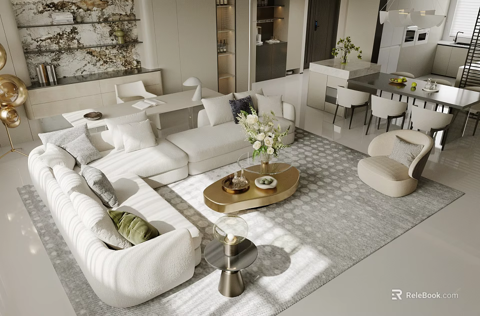 Modern Living Dining Room Interior With White Sofa Coffee Table And Dining Chairs 3d model 