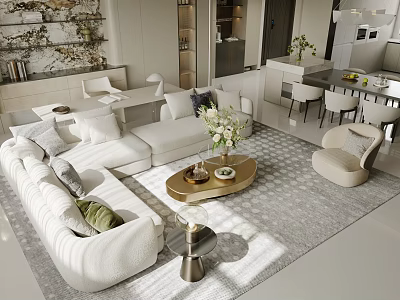Modern Living Dining Room Interior With White Sofa Coffee Table And Dining Chairs 3d model