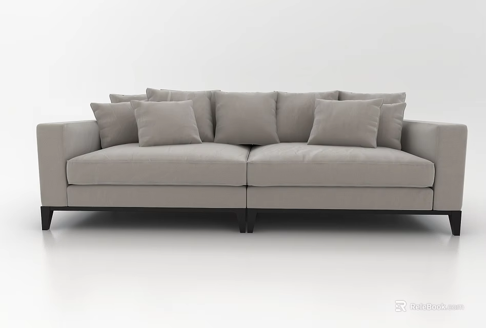 Modern Light Gray Two Seater Sofa with Multiple Cushions and Dark Wooden Legs 3d model