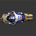 Racing Motorcycle With Blue Yellow Orange Livery Rider In Suit And Helmet Displaying Sponsor Logos