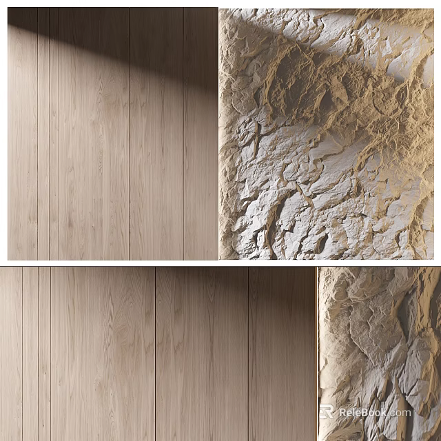 Natural Wooden And Rough Stone Texture Background Wall Interior Design Ideas 3d model 