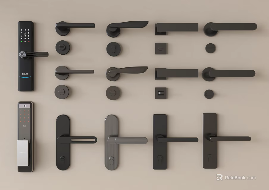 Various Black Gray Door Handles With Modern And Smart Lock Designs For Home Use 3d model 