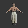 Woman in Brown Top and Beige Pants with Arms Outstretched on Gray Background