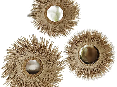 Set of Three Sunburst Woven Rattan Wall Decor with Round Mirror Center 3d model