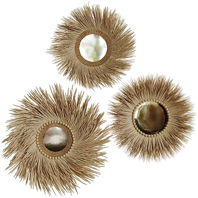 Set of Three Sunburst Woven Rattan Wall Decor with Round Mirror Center 3d model