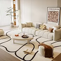 Cream Style Sofa Coffee Table Combination Lazy Sofa Stool Single Sofa Green Planting Floor Lamp 3d model