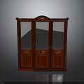 Red Wooden Cabinet with Glass Doors Ornate Top and Decorative Paneled Design