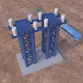 Large Blue Industrial Equipment Structure With White Cylindrical Components In Urban Area