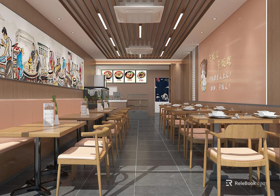 Modern Restaurant Interior With Wooden Tables Chairs And Wall Decorative Paintings 3d model 