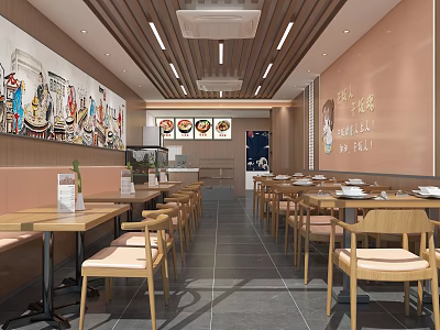 Modern Restaurant Interior With Wooden Tables Chairs And Wall Decorative Paintings 3d model