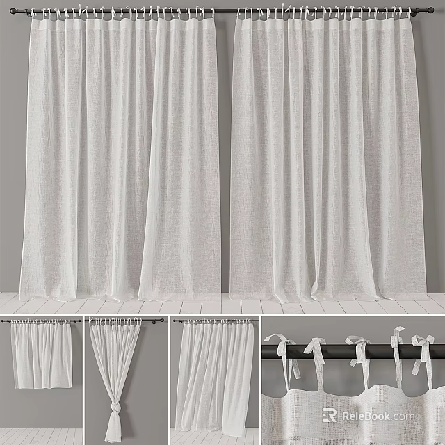 White Linen Curtains With Various Hanging Styles And Decorative Tiebacks For Home 3d model 