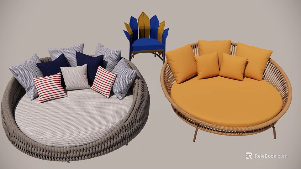 Modern Round Rattan Sofa Bed with Comfortable Striped and Solid Cushions in Gray White Orange 3d model 