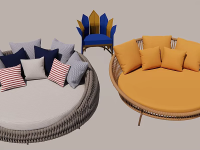 Modern Round Rattan Sofa Bed with Comfortable Striped and Solid Cushions in Gray White Orange 3d model