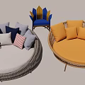 Modern Round Rattan Sofa Bed with Comfortable Striped and Solid Cushions in Gray White Orange