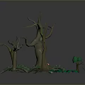 Dry Trees With Bare Branches And Small Green Plants Around Trunk Base 3d model