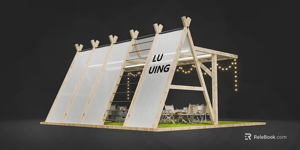 Outdoor Wooden Pavilion With Transparent Panels Decorative Tops Tables Chairs Grass Lawn And String Lights 3d model 