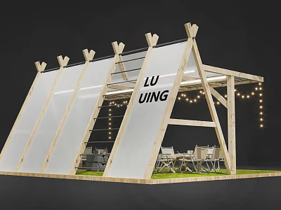 Outdoor Wooden Pavilion With Transparent Panels Decorative Tops Tables Chairs Grass Lawn And String Lights 3d model