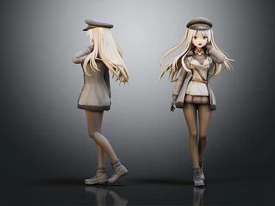 Anime Style Female Characters With Long Blonde Hair Hats Coats And Short Skirts 3d model