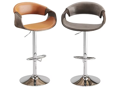 Modern Adjustable Leather Bar Stools in Brown and Dark Gray with Metal Base 3d model