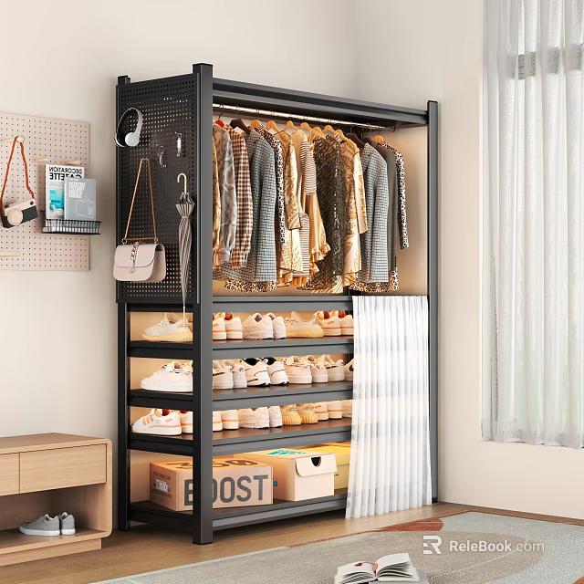 Black Organized Wardrobe Storage Shelf With Hanging Clothes Shoes And Boxes 3d model 